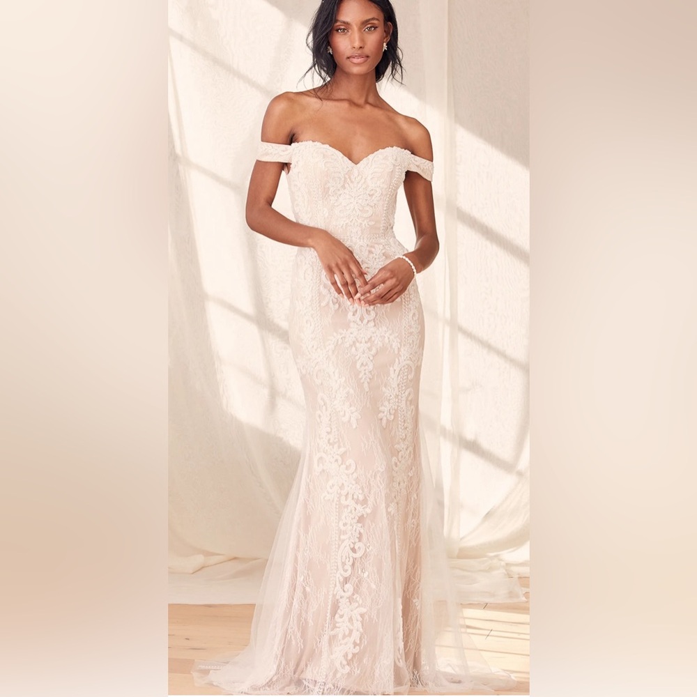Lulus Promised Love White Beaded Lace Off-The-Shoulder Wedding Dress